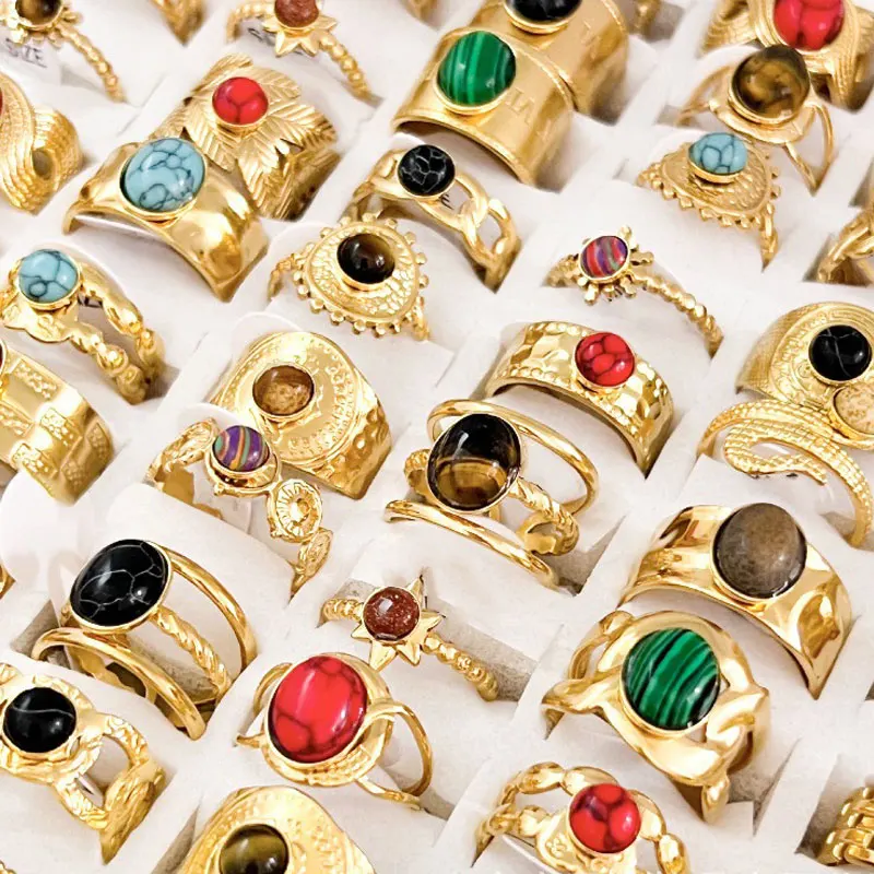 Cheapest Price Vintage Natural Stone Stainless Steel Ring 18k gold Mutil Color Mixed Everyday Rings Birthstone Rings Woman