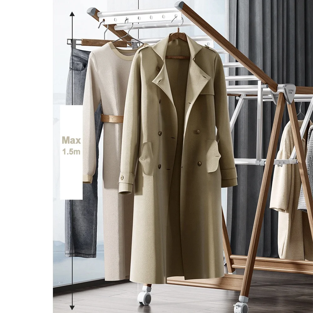 1.6m Wooden Color Folding aluminum clothes drying rack hanging retractable cloth drying rack used for balcony living room