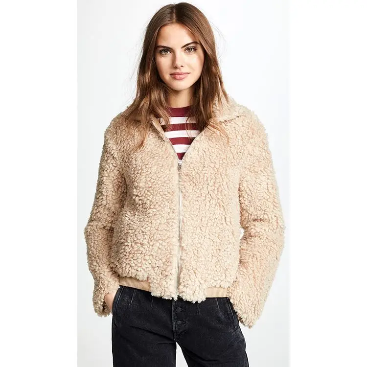 Wholesale casual outwear winter warm coat silver metal zipper sherpa fur short casual coat sherpa fur outwear coat for girl