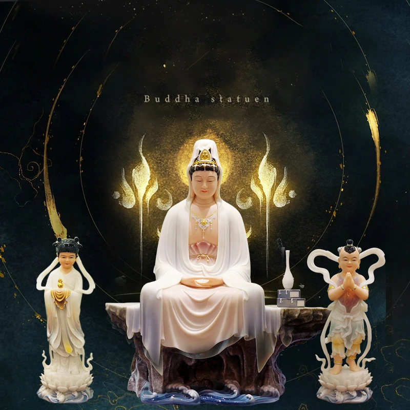 White marble Avalokitesvara Bodhisattva Buddha statue Avalokitesvara statue Good fortune boy dragon statue