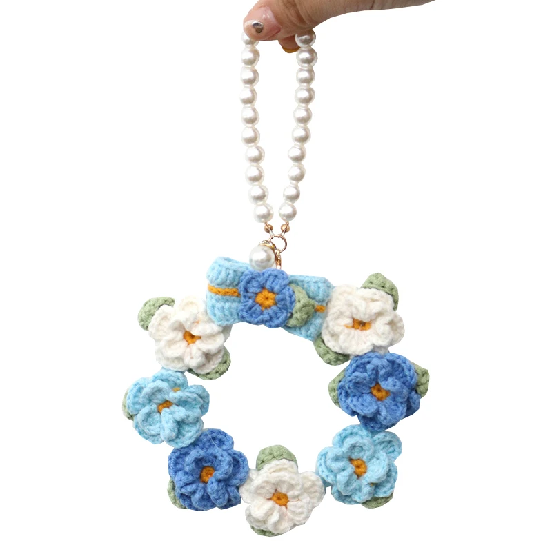 Crochet Knitted Flower Wreath Hanger for Home Door Wall Hanging Decorations Wool Knitting Floral Garland Party Festival Decor