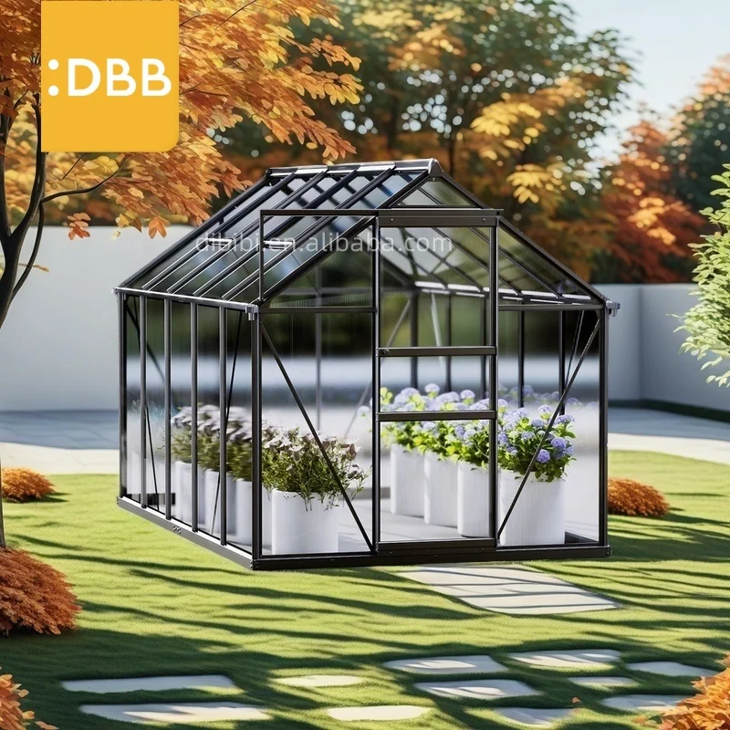 Hot Selling 6Ft Gable Greenhouse Garden Single Sliding Door Toughened Glass Outdoor Mice Proof Galvanized Pipe Glasshouse