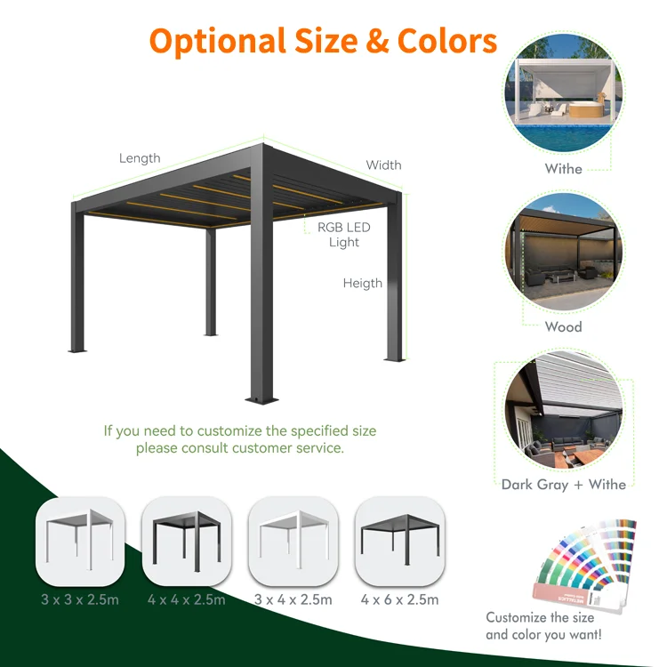 3x3 3x4 4x4 4x6 Automatic Freestanding Wall Mounted Balcony Patio Arches Arbours Pergolas With Sides and LED Lights