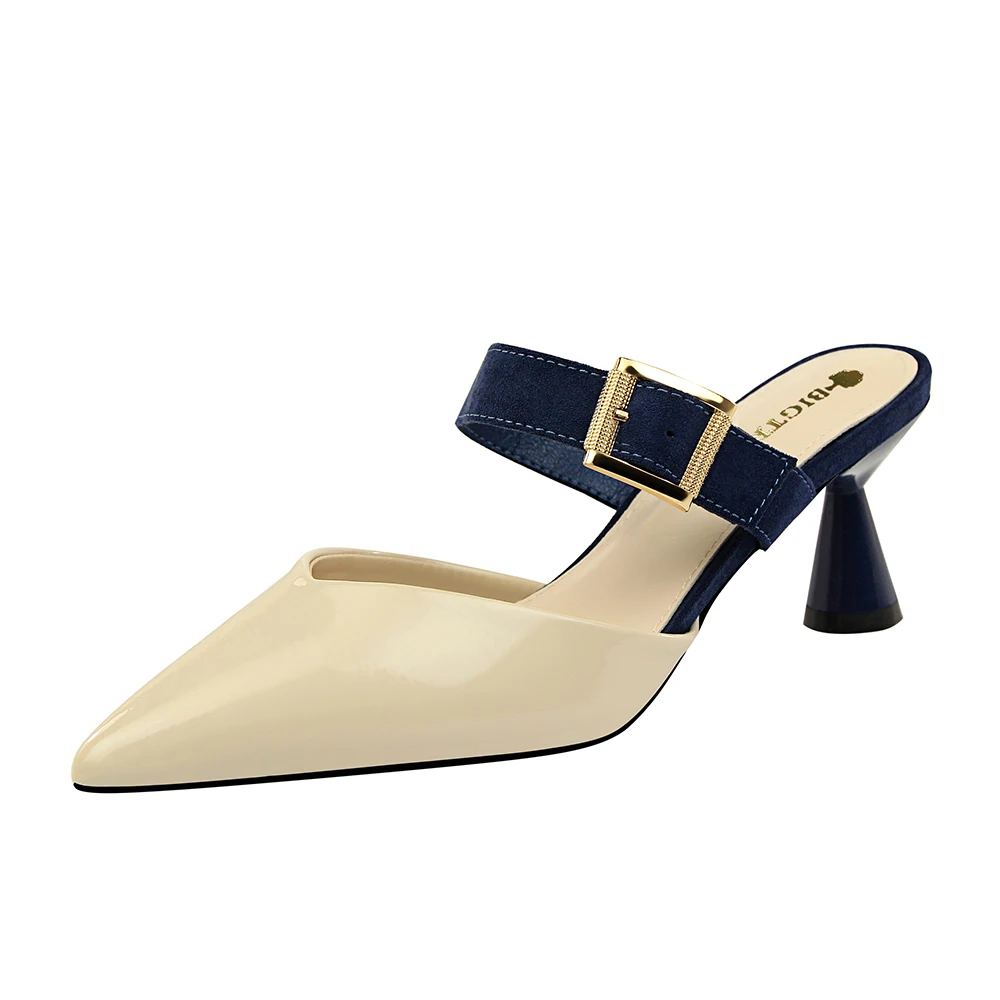 
906-2 Fashion with high-heeled patent leather shallow mouth pointed color word belt buckle buckle Baotou half slippers 