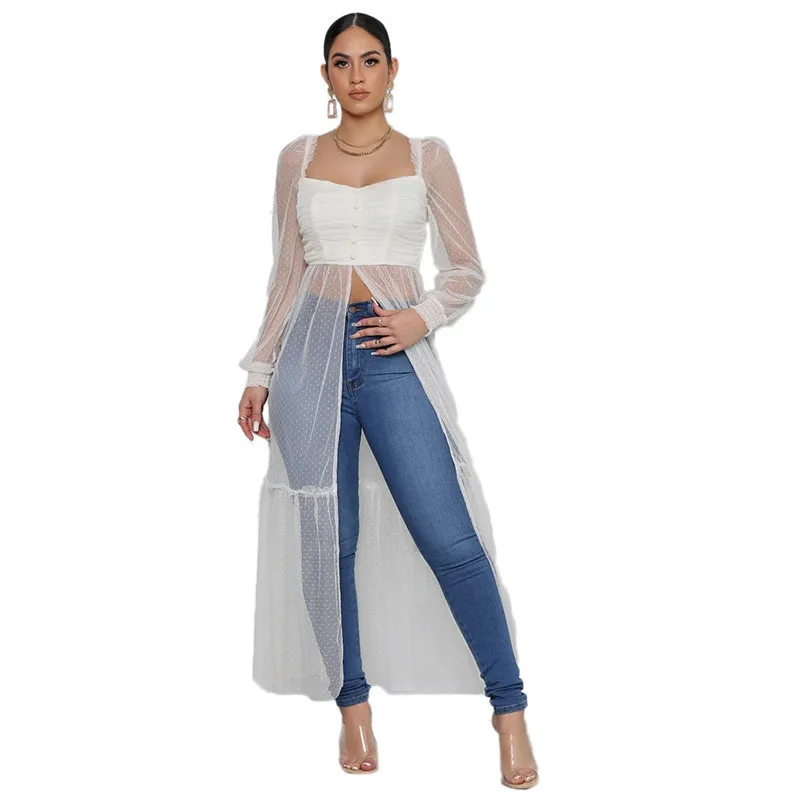New Arrivals Stylish Mesh Square Neck Blouse Cardigan Dress Sexy Slim Long Blouses For Lady 20-0195