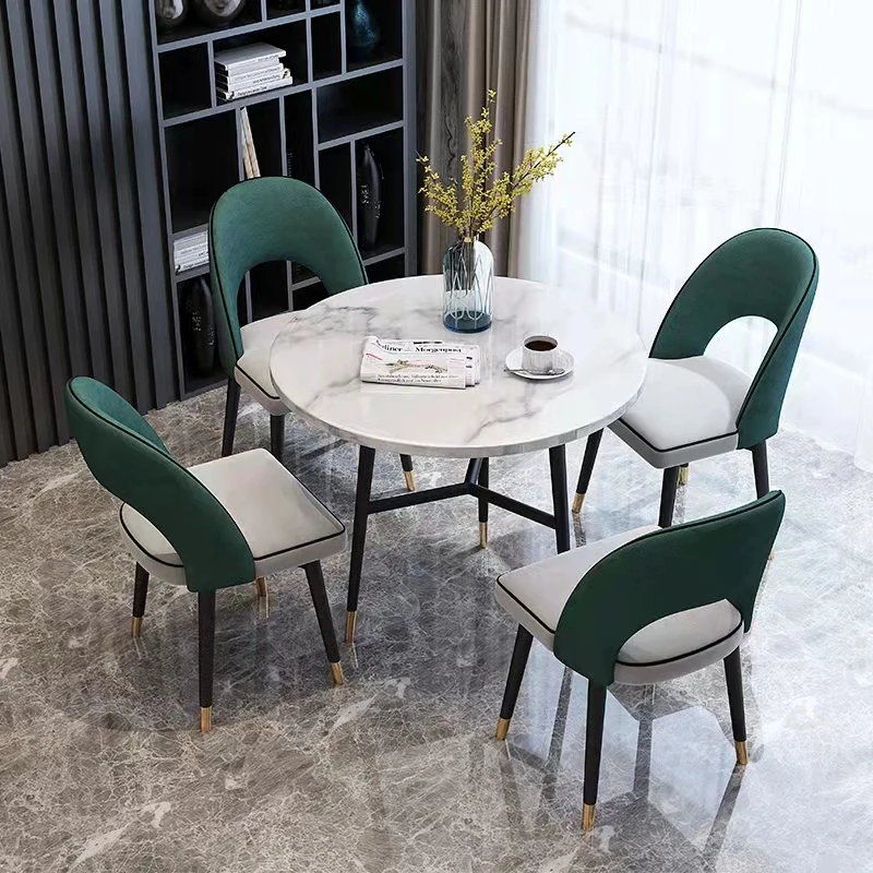 Modern Italian  marble top round rotating dining table with wood leg