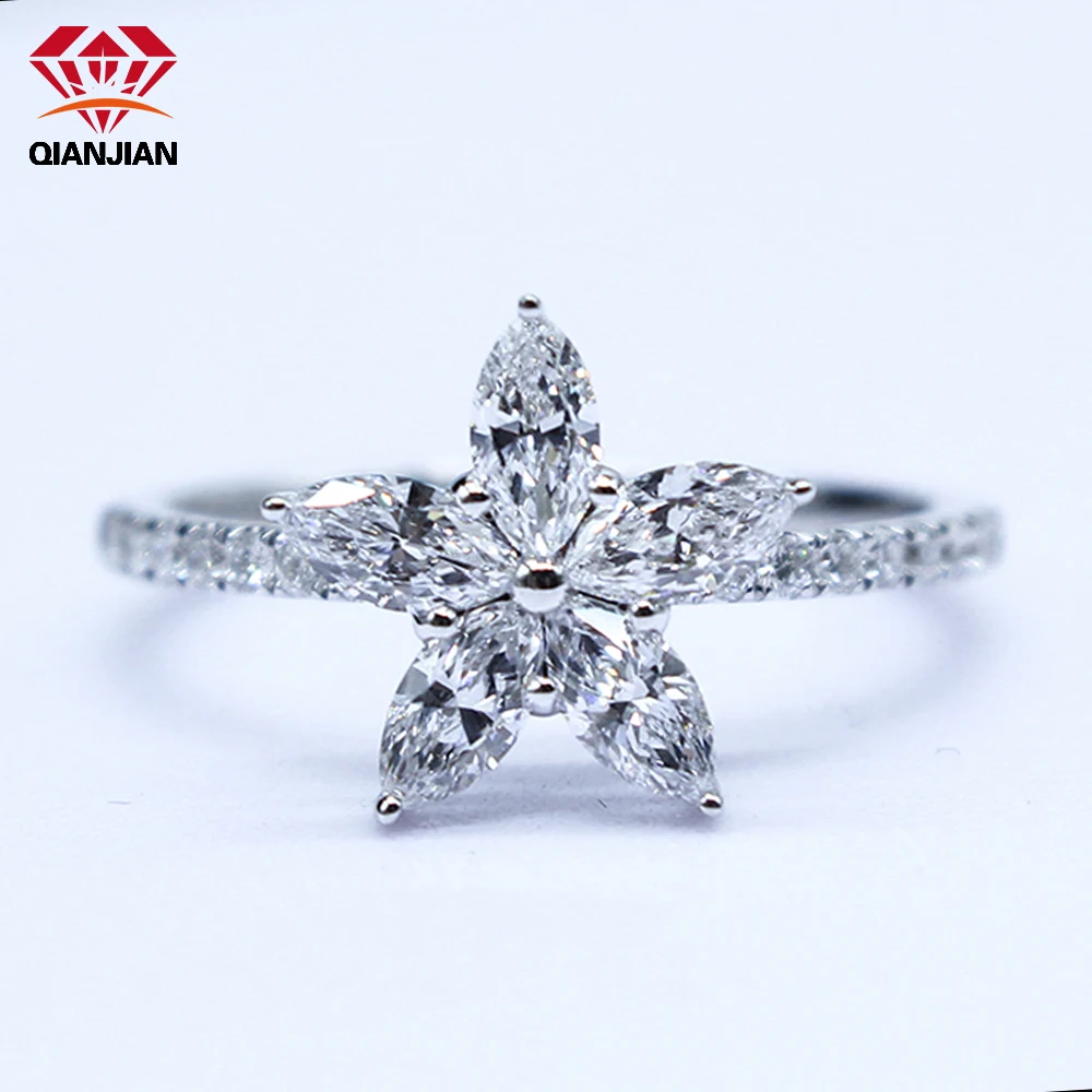 New Style 925 Sterling Silver D VVS Moissanite Jewelry Ring Marquise Diamond Flower Ring Gift for Women