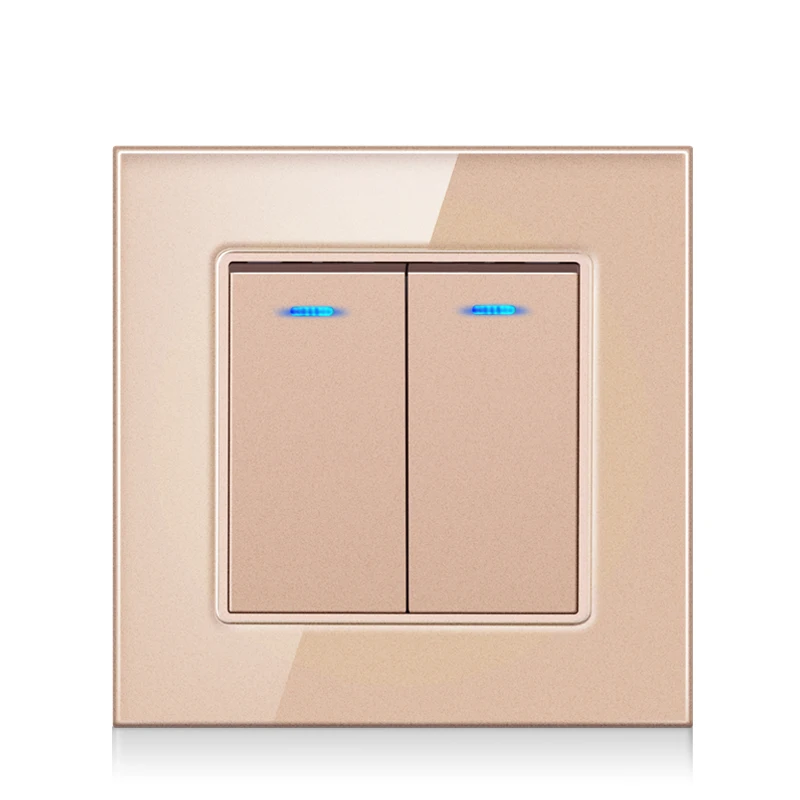 Crystal glass panel 2 Gang 2 way pass through LED indicator 16A On/Off light switch Stair wall switch