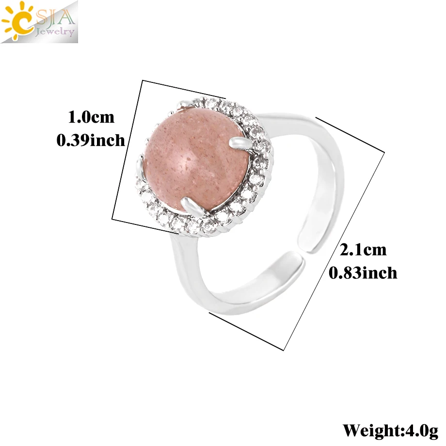 CSJA Trendy Jewelry Luxury Zircon Ring Natural Stone Round Cabochon Turquoise Rose Quartz Crystal Rings For Women Teen Girl H263