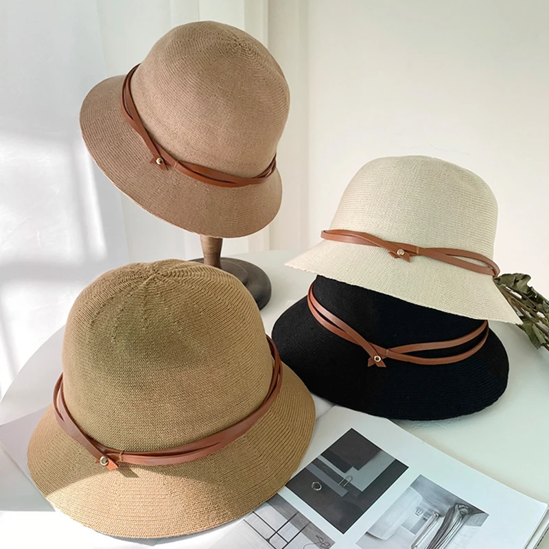 Wholesale Summer Mesh Hand-Woven Knit Sun Hat Women Fashion Korea Wide Brim UV Protection Dome Hollow out Bucket Hat with Belt