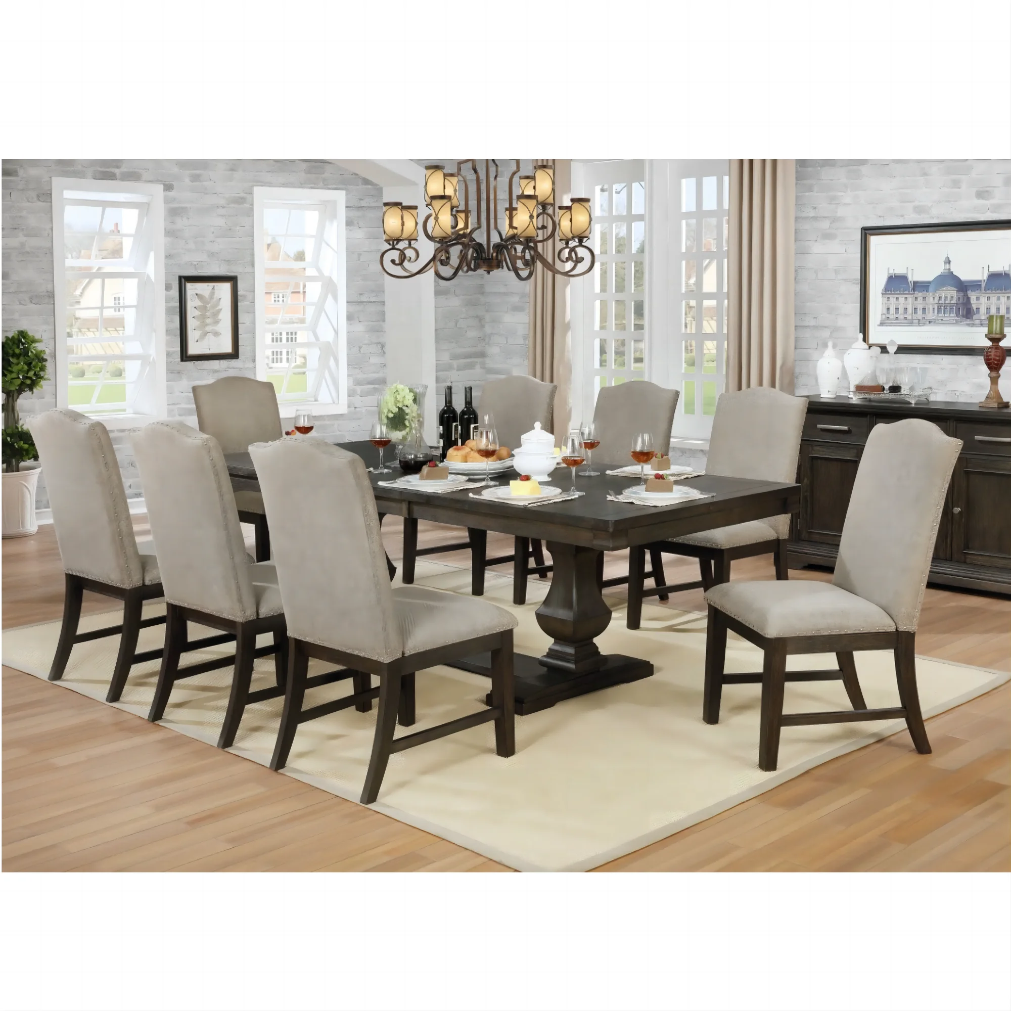 US warehouse in stock Transitional Solid Wood Trestle Base dining table and Padded Seat and Back dining chair for home use