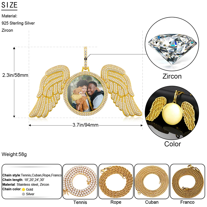 Drop Shipping Unique Angel Wing Charms Pendant Punk Style Silver 925 Crystal Custom Photo Pendant