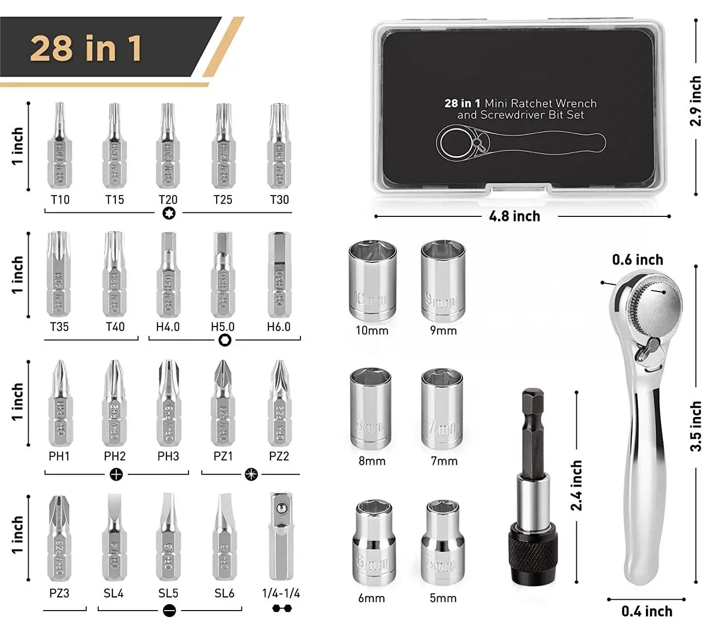 Multi-function mini 28 in 1 sleeve inside hexagonal ratchet wrench screwdriver tool set