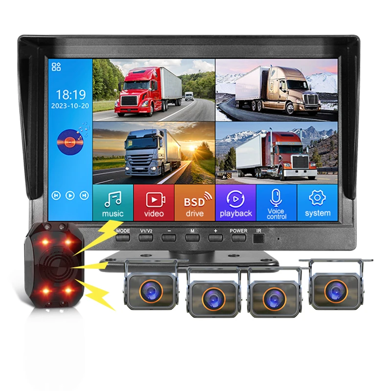 Multi-Function MP5 Player Parking Monitor 10.1 IPS 4CH Split Screen Built-in DVR Truck RV Blind Area Alarm System BSD Cameras Ki