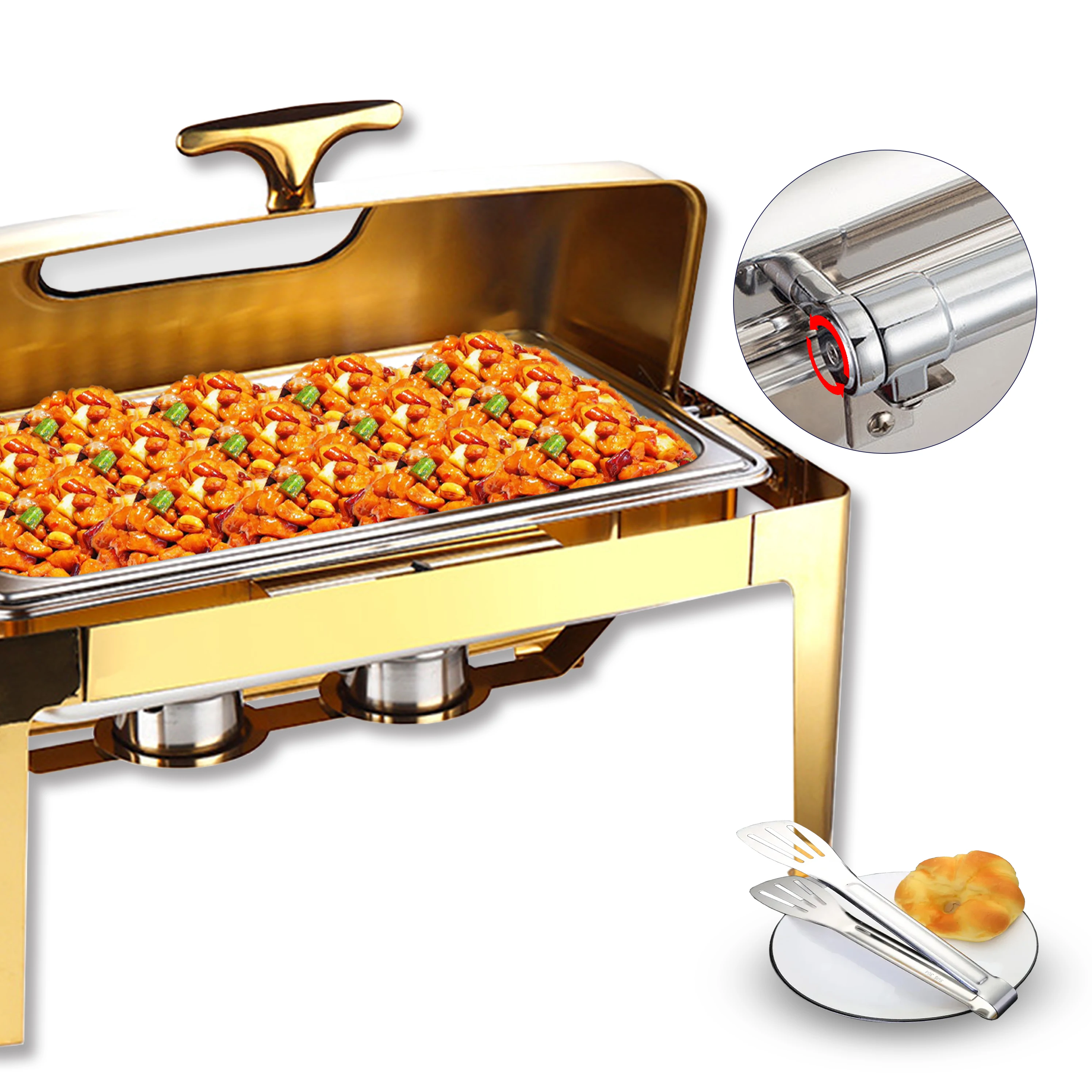 Hot Sell Food Buffet Rectangle Roll Top Chafing Dish 9 Litre Luxury Round Stainless Steel Gold Chafing Dishes For Catering