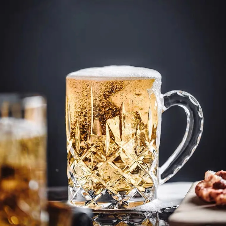European-style Household Heat-resistant Crystal Glass Transparent Patterned Beer Cup Large Raw Cup Tea Drinking Water Drinking