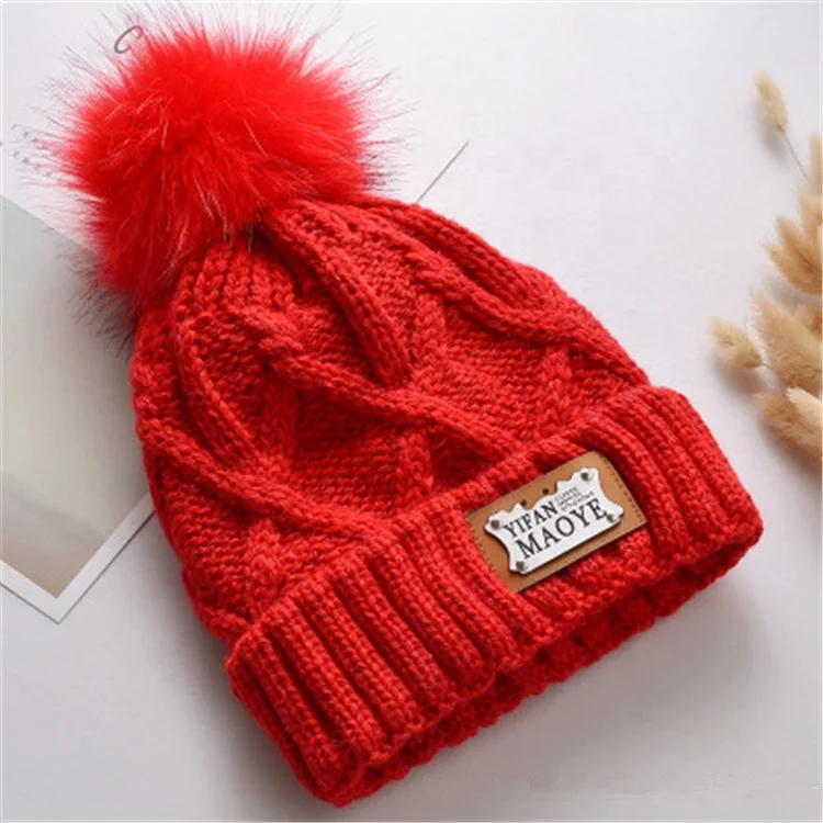 
Wholesale Winter Unisex Winter Blank Knitted Leather Label High Quality Pom Pom Beanie Hat 