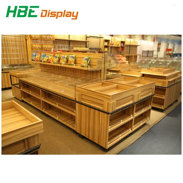 Wooden board supermarket bulk foods snack food display cabinet storage case shelf