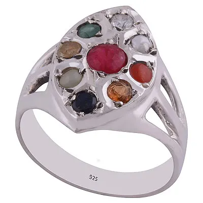 Stunning Navratna Gemstones on Ruby Pearl Coral Emerald White Cubic Zirconia Sapphire Cats Eye Hessonite Yellow Sapphire Round
