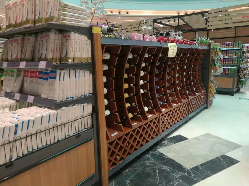 Custom Supermarket Wine Cellar Red Wine Glass Bottle Beer Drink Alcoholic Beverage Wooden Display Cabinet Shelf Stand