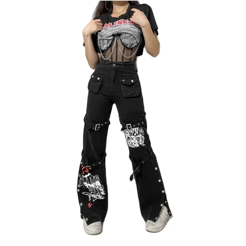 Y2K Black Punk Skull Print Mall Goth Jeans Woman Eyelet Buckle Academic Cargo Pants Streetwear Denim ladies jeans pants