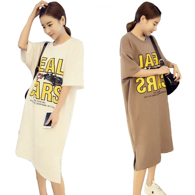 Maternity Summer dress, mid-length T-shirt skirt, Korean  blouse, short sleeved dress cartoon long