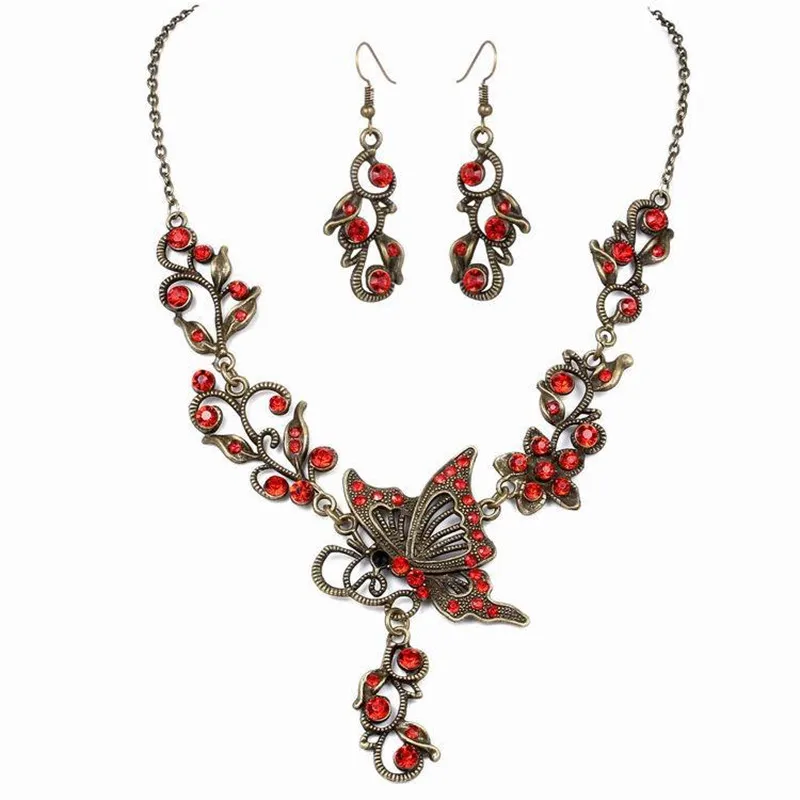 
Retro Jewelry Set Butterfly Crystal Rhinestone Bridal Necklace Earrings Set For Women 
