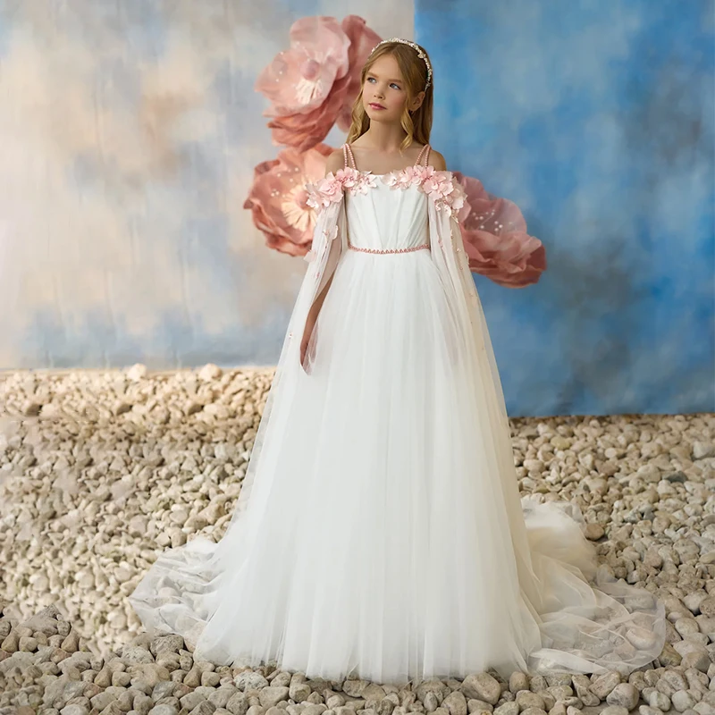 Vivid Pearls Shoulder Strap Flower Haute Couture Pink Satin High Quality Wedding Birthday Girl Princess Party Dress with Train