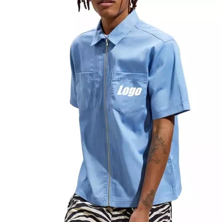 OEM mens zip up shirt with utility chest pockets short sleeve work shirts