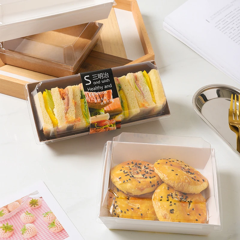 Cake bread snack bakery food packing rectangular square kraft paper box sandwich wrap box with plastic clear lids