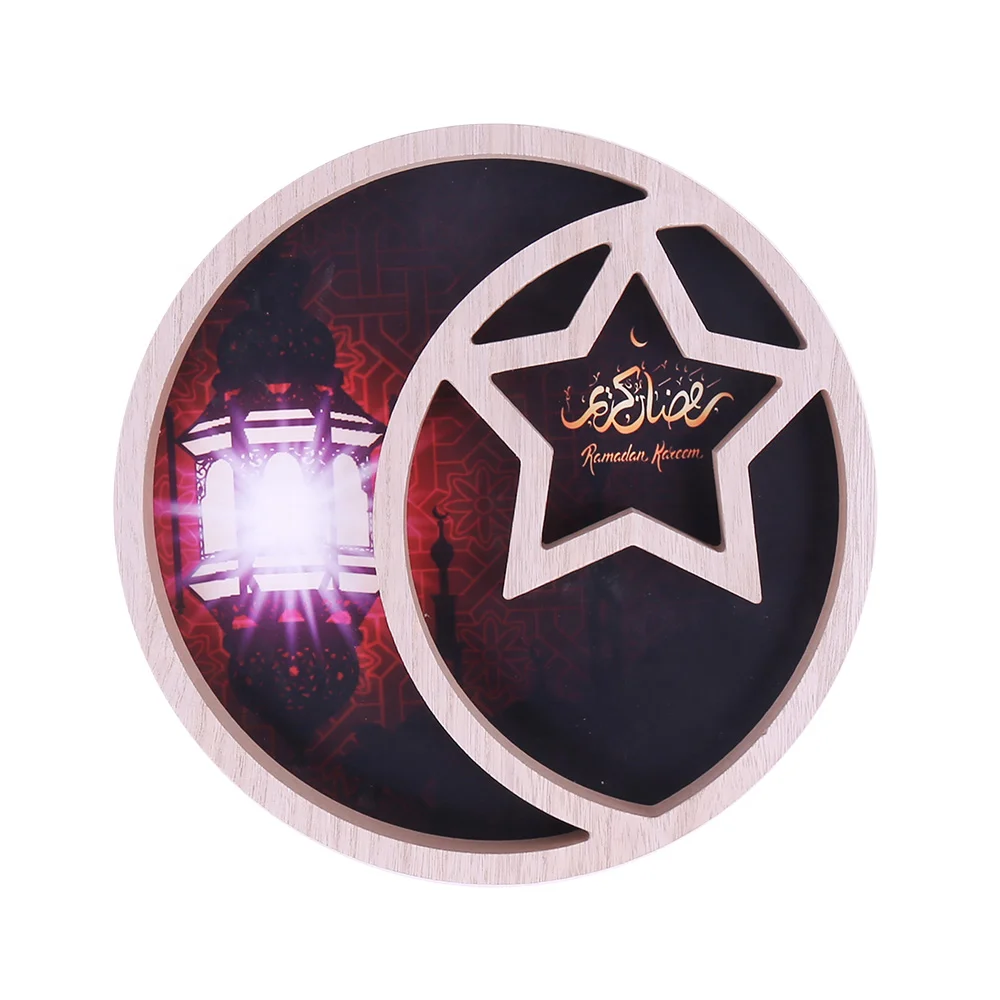 New Wooden Rustic Crescent Moon Star Round Eid Ramadan Party Food Serving Tableware Dessert Pastry Tray Display Holder Decor