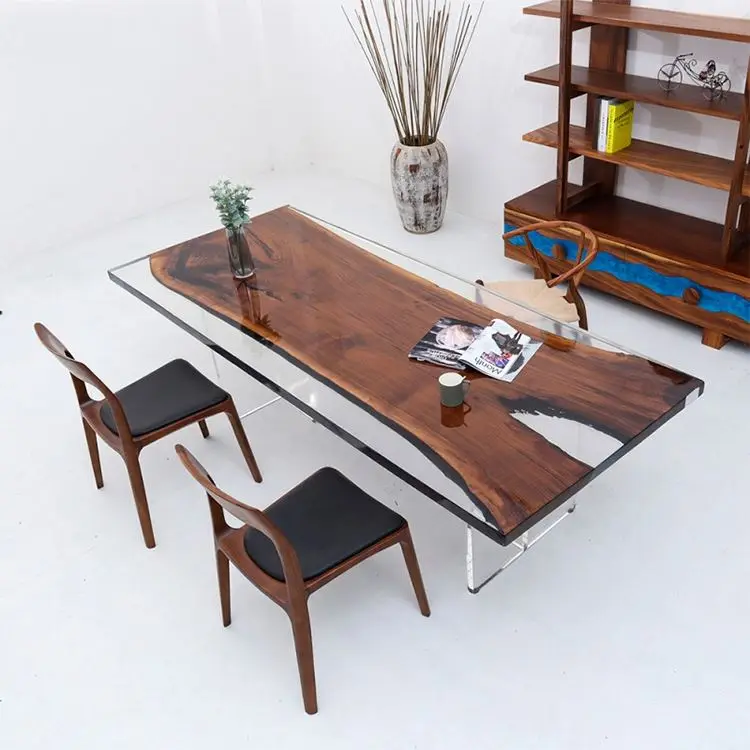 Hot Sale Furniture modern Metal Legs Live Edge Slab Solid Acacia Wood Dining Table Top
