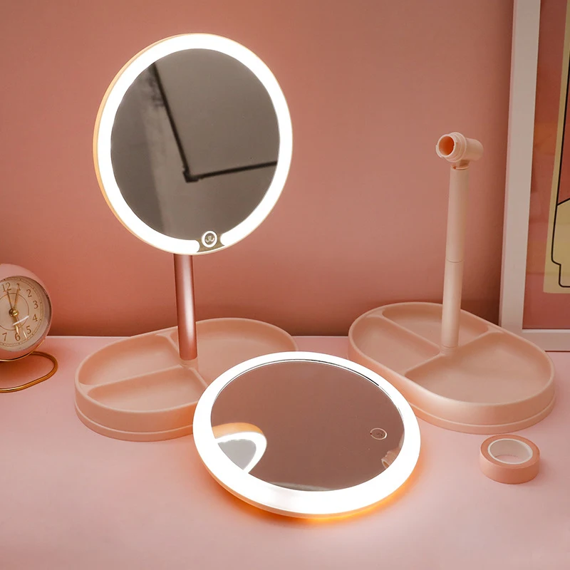 Hot sale charge tricolor desktop round makeup mirror with led light and drawer
