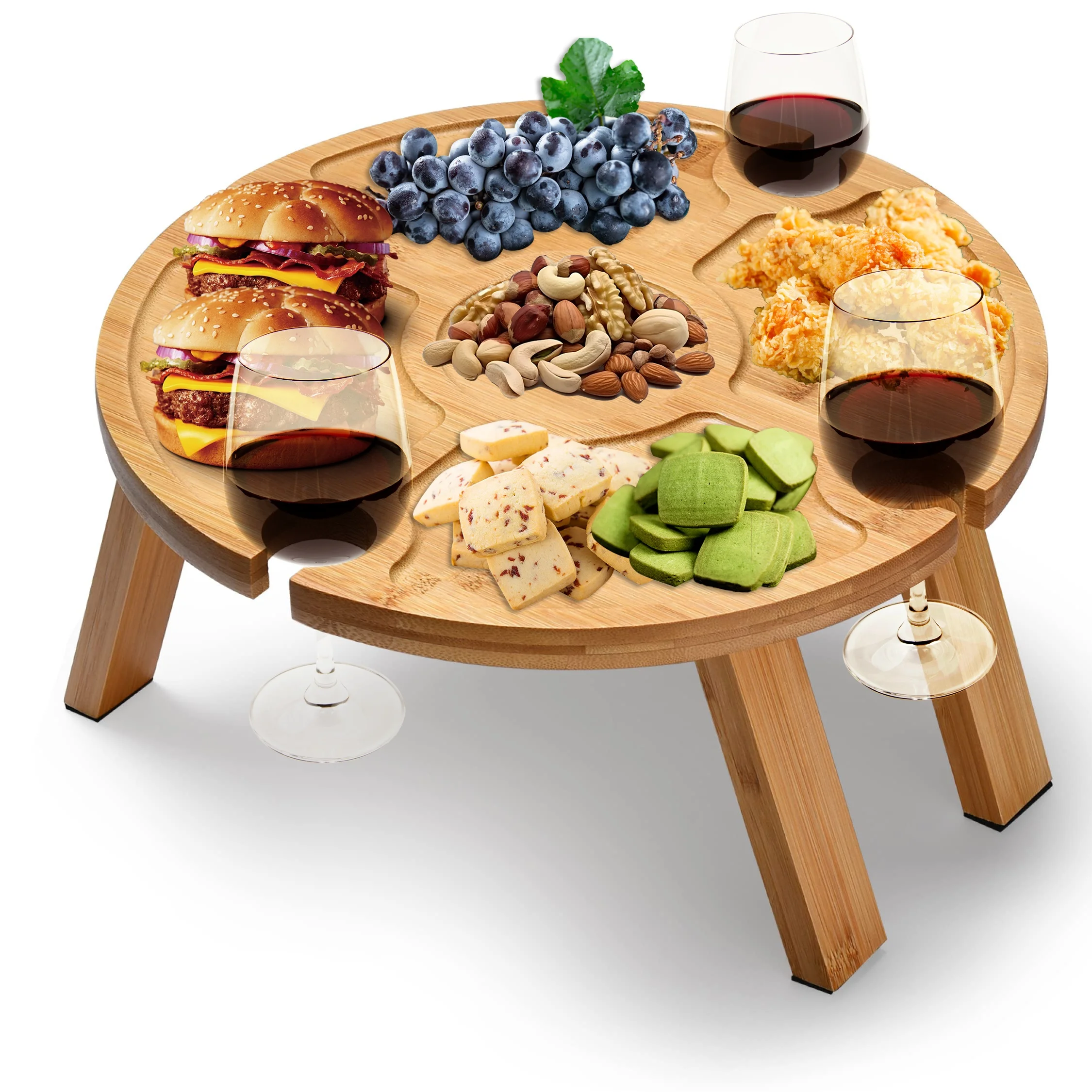 Outdoor Food Serving Tray Camping Foldable Portable Small Picnic Table Bamboo Wooden Cheese Boards with Wine Holder