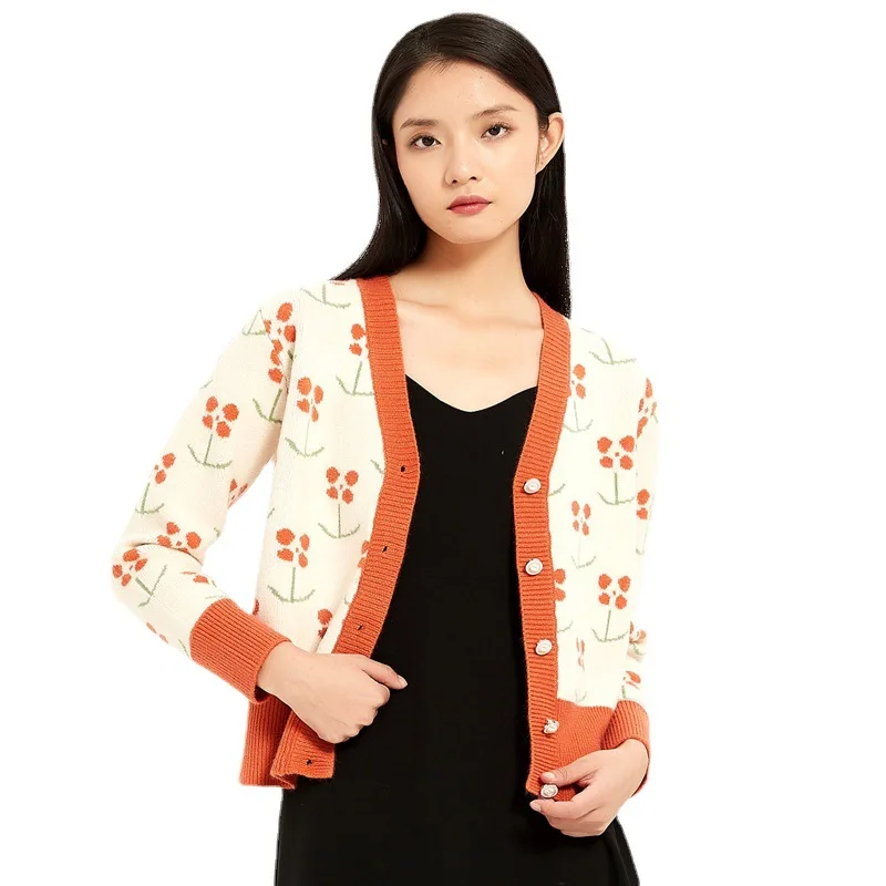 Custom V-neck Jacket Jacquard Base Slim Long Sleeve Oversized Knitwear Women Sweater Cardigan