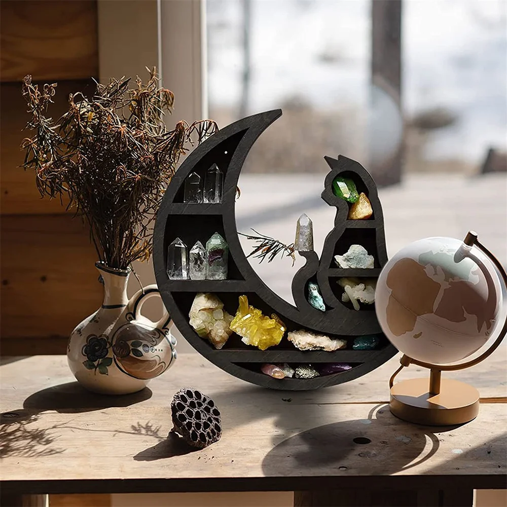 CaoXian HiHome Cat on The Moon Crystal Wood Shelf,  Beautiful and Delicate Engraved Moon Design