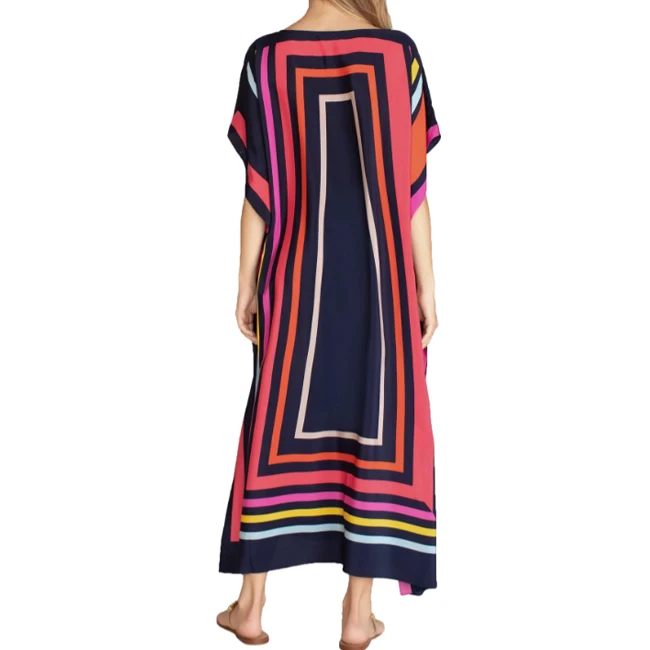Custom Dubai Pakistan India Summer Women O-neck Half Flare Sleeve Print Satin Kaftan Maxi Dress