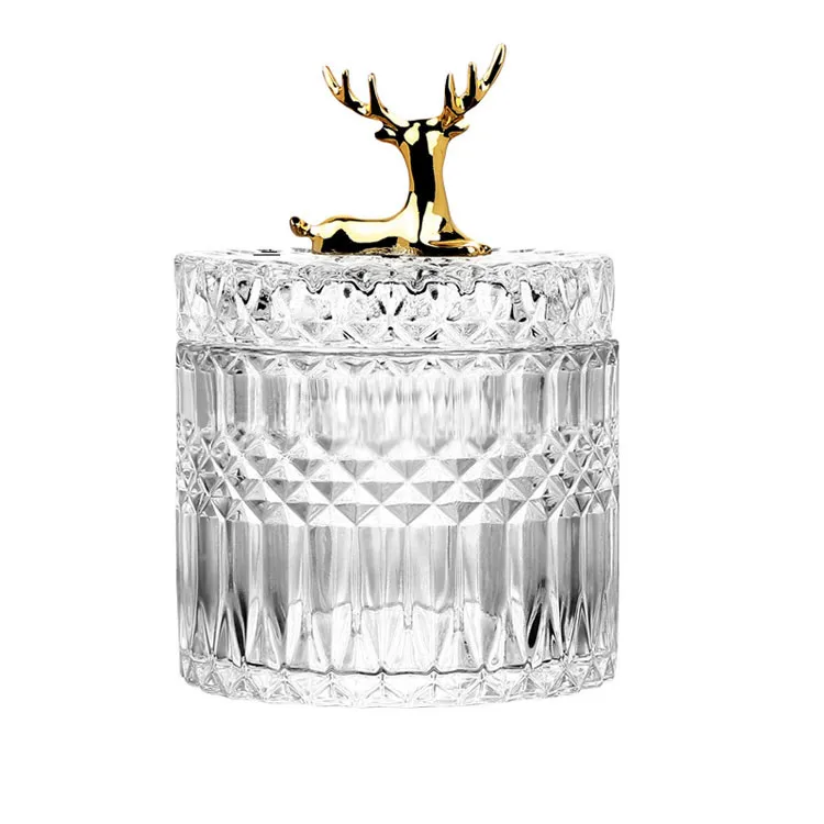 Wholesale 250ml 500ml customized european lead-free glass metal elk snack creative furnishing storage jar household candy jar