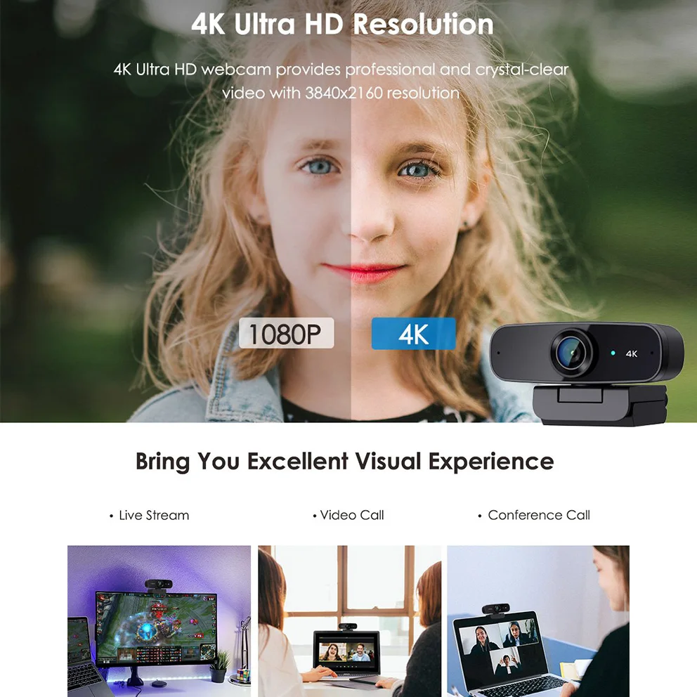  Веб-камера 4K UHD 8 Мп с двойным микрофоном и фиксированным объективом USB веб-камера для конференций