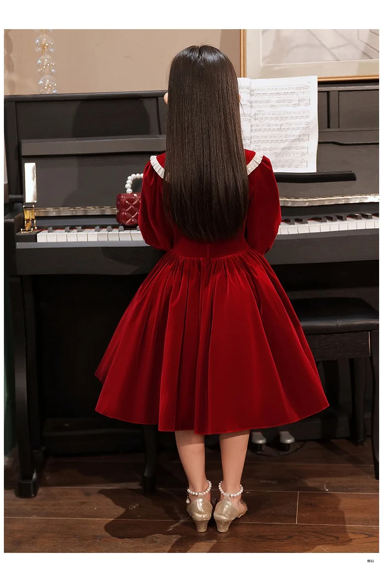 Spring Red Long Sleeve Flower Girl Wedding Dresses Kids Clothing Sets Princess Girls Party Ball Gown Pageant Dress