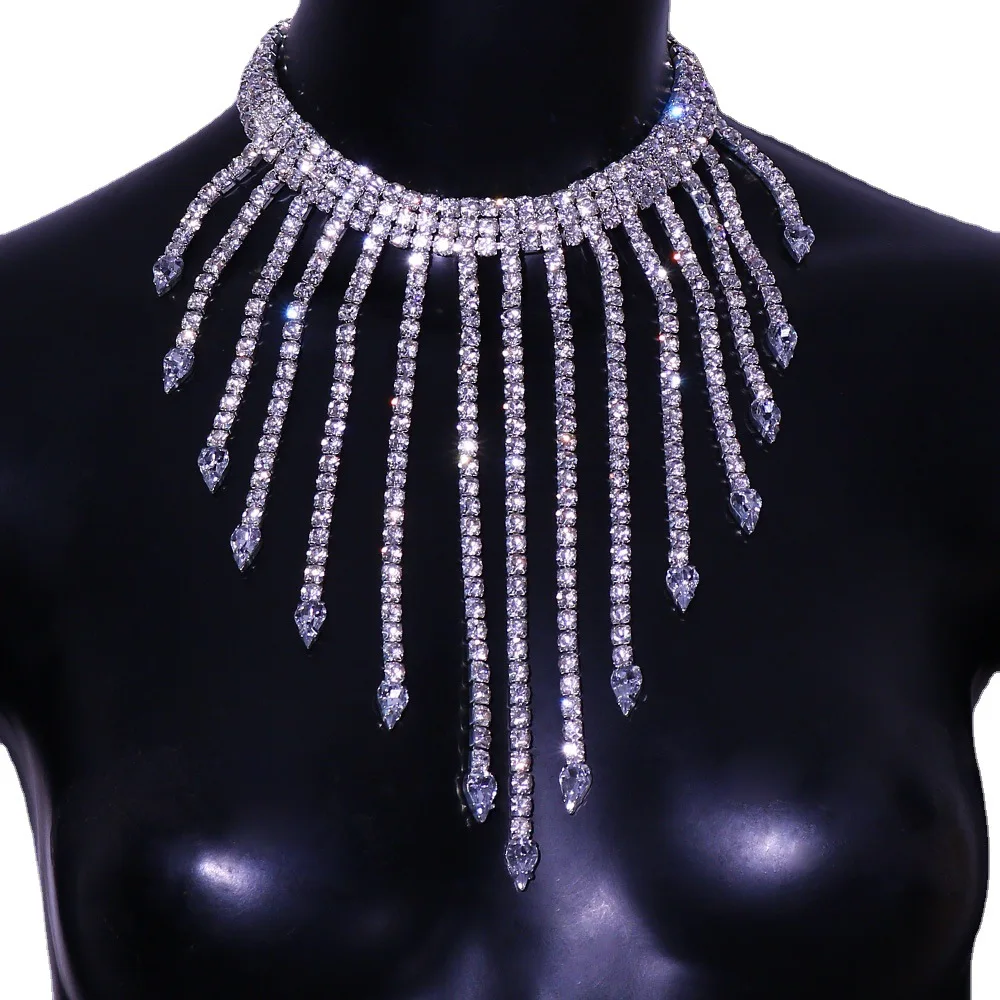 Cross-Border New Exaggerated Multi-Layer Tassel Crystal Necklace European and American Nightclubs Sexy Body Chains Female Chain