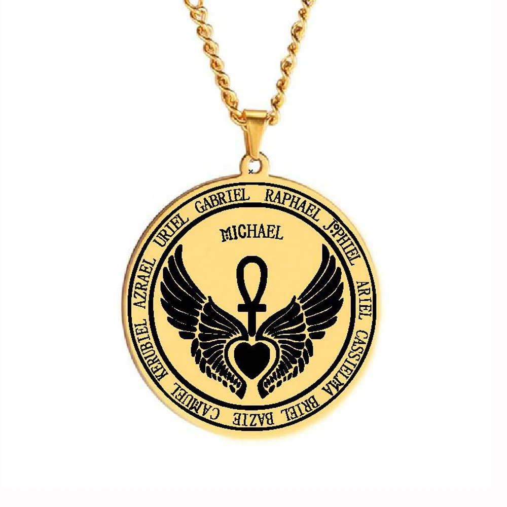 Feast Archangels 12 Guardian Angels Medallion Wings Heart Ankh Life Power Magic Amulet Jewelry Stainless Steel Pendant Necklace