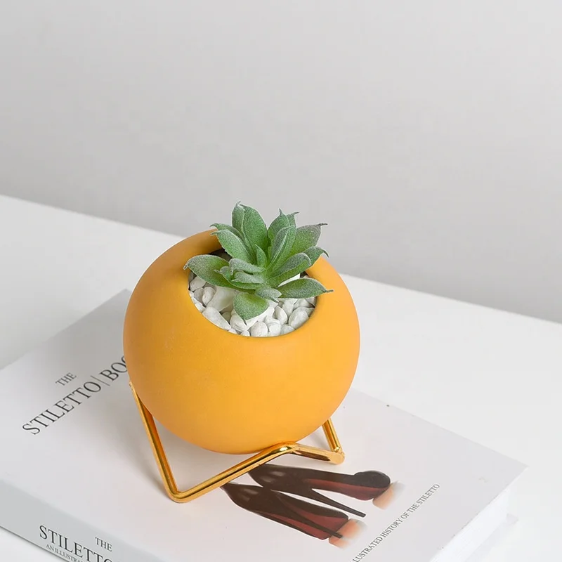 Creative Ceramic Vase Morandi Modern Simple Fleshy Flower Pot Flower Arrangement Green Flower Planter Iron Frame Hydroponic Ball