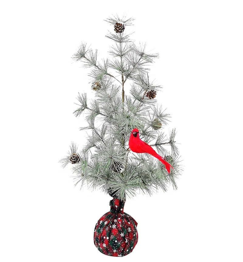 Christmas gifts mini glitter pine needle Christmas trees with red feather bird Christmas tree
