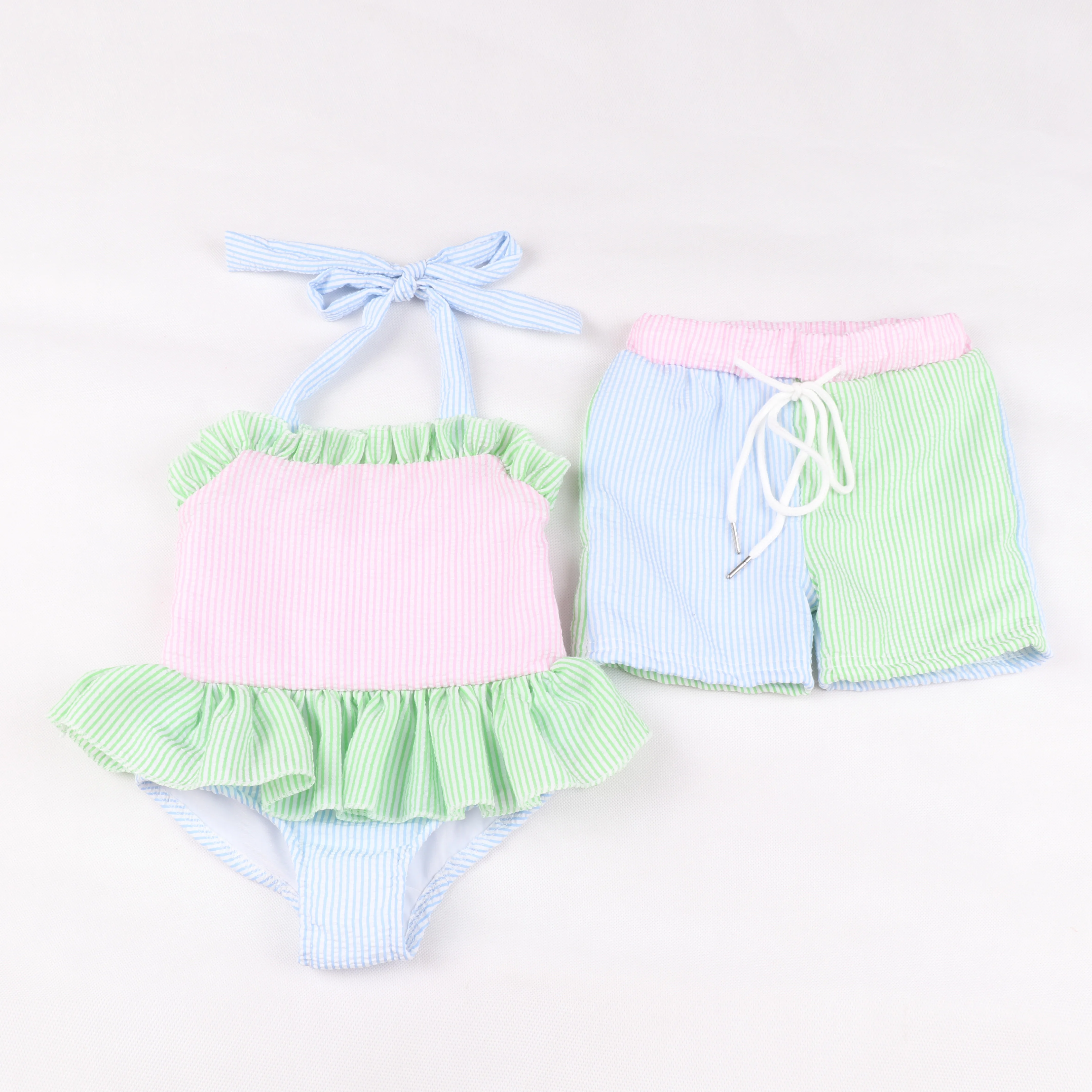 2023 Summer New Style Girls Blue Green And Pink Vertical Stripes Three-Color Stitching Seersucker Swimming One-Piece