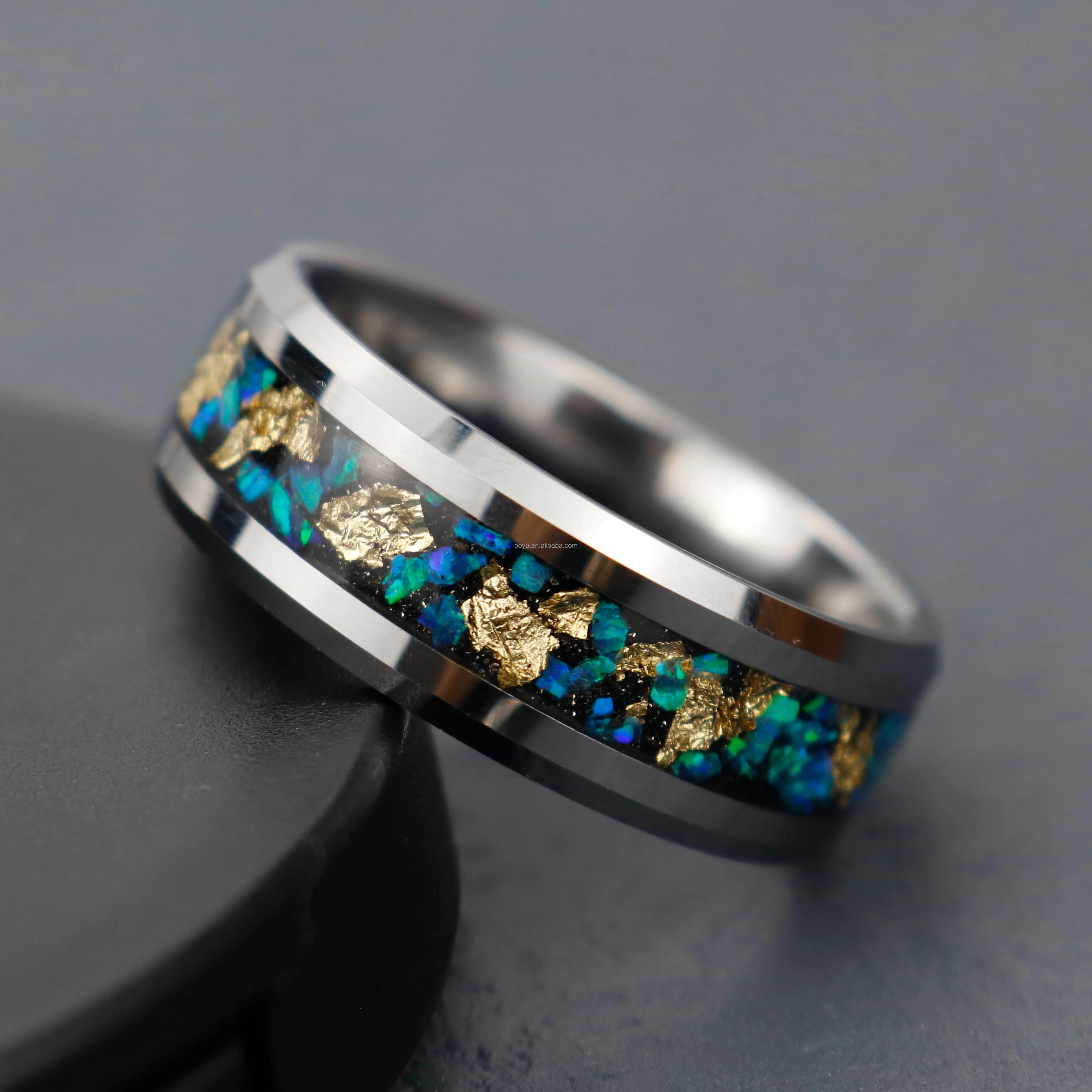 Poya Jewelry Fashion Polished Gold Leaf Blue Opal Sand Stone Men Wedding Ring Inlay Silver Color Tungsten Rings