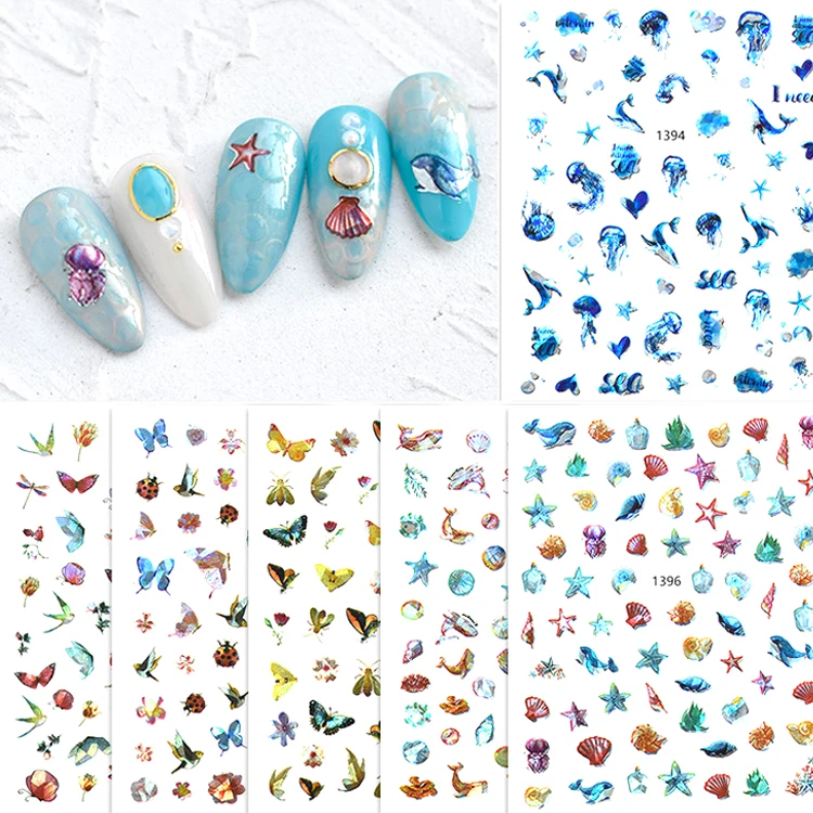 New laser animal world marine series nail decals jellyfish dolphin nail stickers