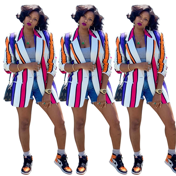 Изготовленная на заказ одежда классические женские без рукавов с трапециевидным силуэтом и цветными полосками в блейзер с длинными рукавами спортивный комплект, Куртка удлиненная Блейзер Женский костюм
