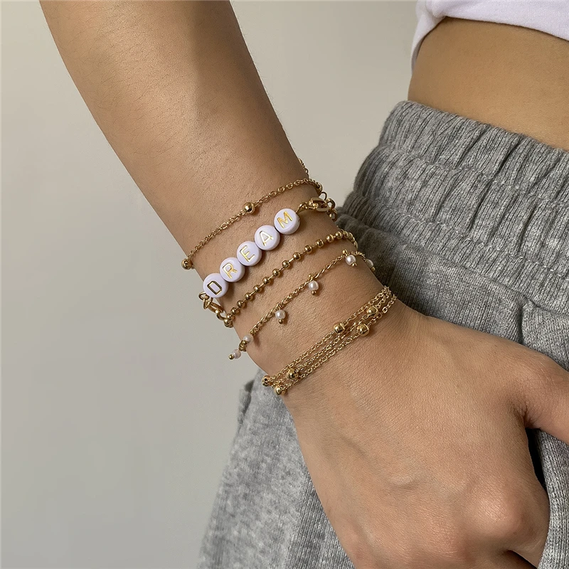  Wholesale Women Multi-layer Gold Plated Link Chain Bracelet Acrylic Letter Beads