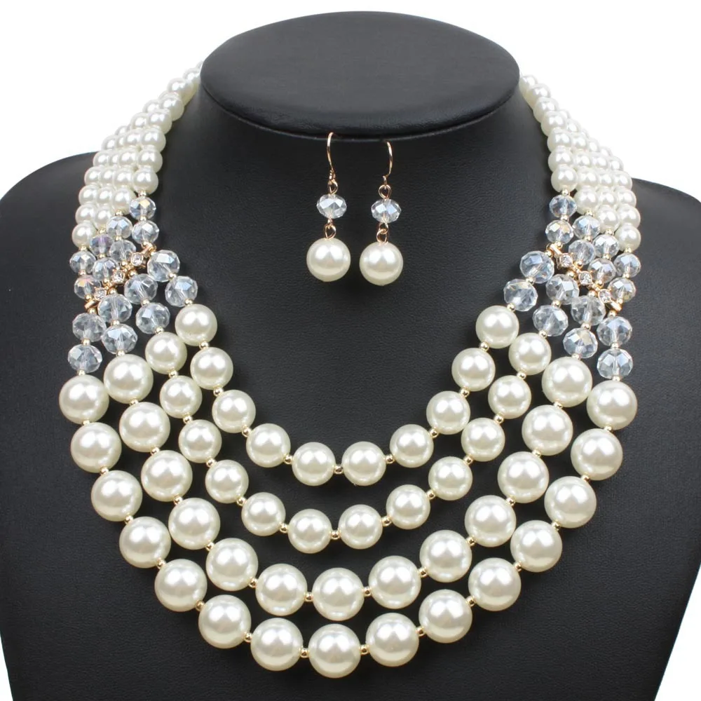  2021 High Quality Handmade Multilayer Faux Pearl Bead necklace and earrings Jewelry for